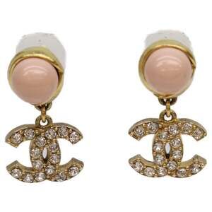 CHANEL C22A Pink Pearl Gold Coco Mark Rhinestone Earrings, and Pink, Women's